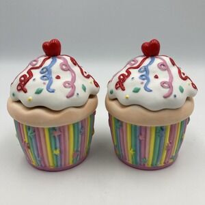 Set Of 2 PartyLite Ceramic Birthday Cupcake Candle Votive Holder Set P7327